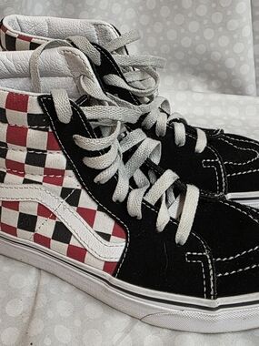 Vans Kids High-Top Checkerboard Sneakers in Black, White & Red
